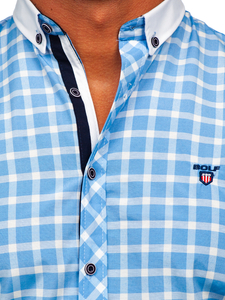 Chemise élégante à manche longue à carreaux pour homme bleue claire Bolf 5737-1