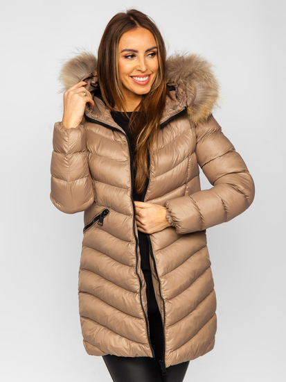 Blouson matelassé long manteau d'hiver avec fourrure naturelle pour femme marron Bolf M688