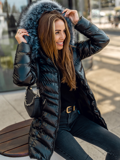 Blouson d'hiver long matelassé à capuche pour femme noir Bolf 7076