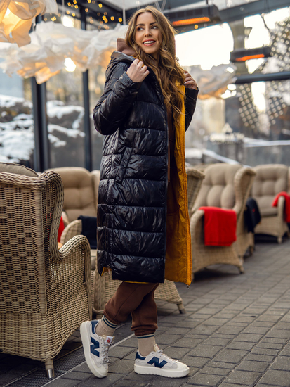 Femme Blouson d'hiver longue matelassée pour femme à capuche Noir Bolf J9063A