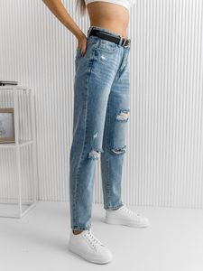 Pantalon en jean mom fit avec ceinture pour femme bleu Bolf DM321M