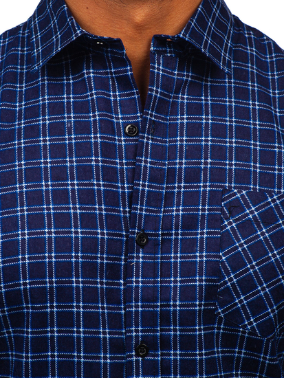 Homme Chemise de flanelle à manches longues à carreaux Bleu foncé-Blanc Bolf F4