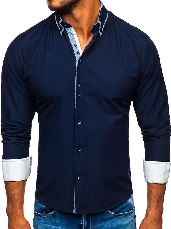 La chemise élégante avec les manches longues pour homme bleue foncée Bolf 6929-A