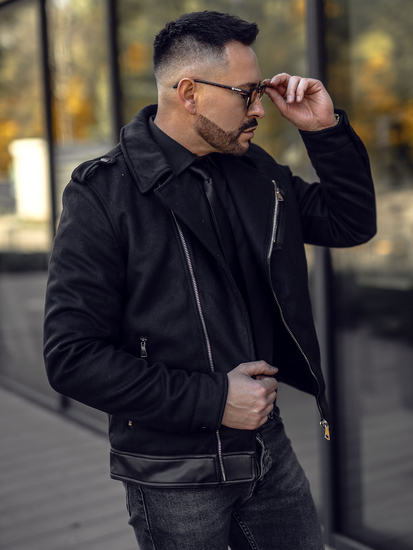 Homme Veste de motard d'hiver en cuir Noir Bolf 79M15501A